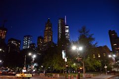 11-1 Woolworth Building, 30 Park Place And One World Trade Centre Above New York City Hall Park At Night In New York Financial District.jpg